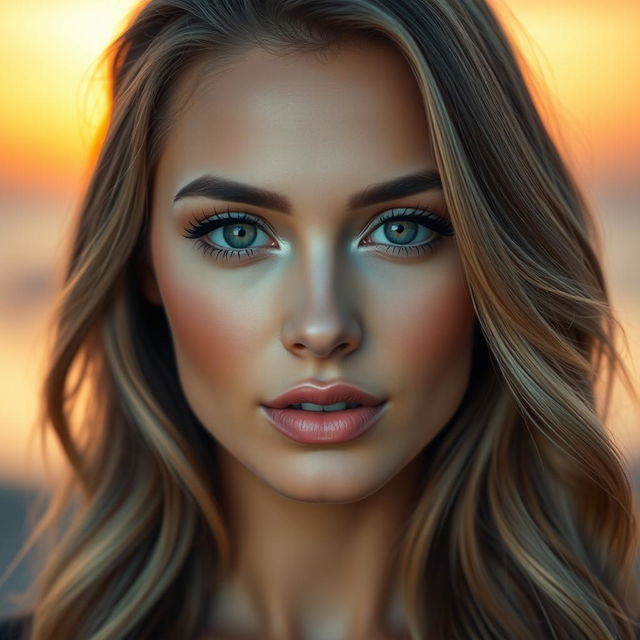 A beautifully symmetrical face of a woman, with striking features including full lips and large, expressive eyes