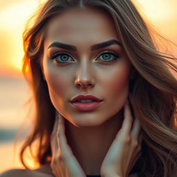A beautifully symmetrical face of a woman, with striking features including full lips and large, expressive eyes