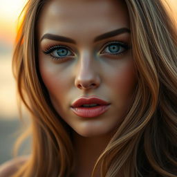 A beautifully symmetrical face of a woman, with striking features including full lips and large, expressive eyes