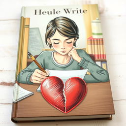 A book cover illustration featuring a person sitting at a table, holding a pencil and writing on a piece of paper