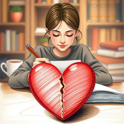 A book cover illustration featuring a person sitting at a table, holding a pencil and writing on a piece of paper