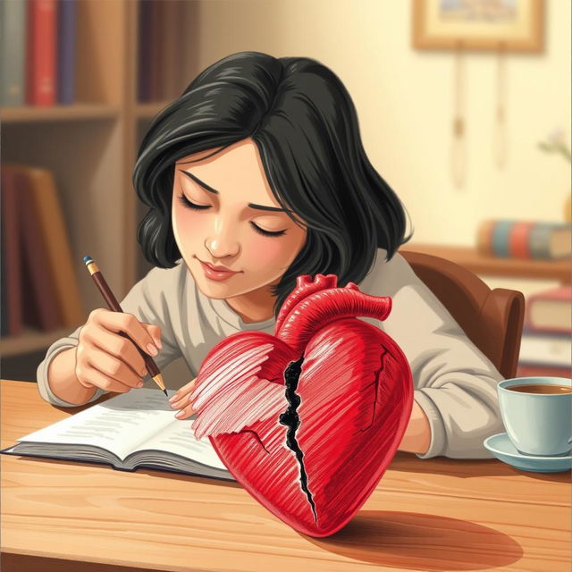 A book cover illustration featuring a person sitting at a table, holding a pencil and writing on a piece of paper