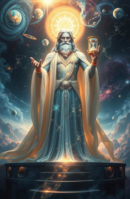 A majestic and ethereal depiction of the god of Eternity, standing on a celestial throne surrounded by shimmering galaxies and stars