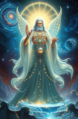 A majestic and ethereal depiction of the god of Eternity, standing on a celestial throne surrounded by shimmering galaxies and stars