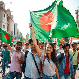 A vibrant scene depicting a group of young Bangladeshi people actively picketing on a busy road in Dhaka, Bangladesh