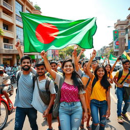 A vibrant scene depicting a group of young Bangladeshi people actively picketing on a busy road in Dhaka, Bangladesh