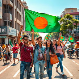 A vibrant scene depicting a group of young Bangladeshi people actively picketing on a busy road in Dhaka, Bangladesh