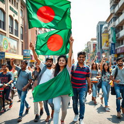A vibrant scene depicting a group of young Bangladeshi people actively picketing on a busy road in Dhaka, Bangladesh