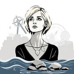 An illustrated abstract poster featuring a thoughtful female architect with short blonde hair