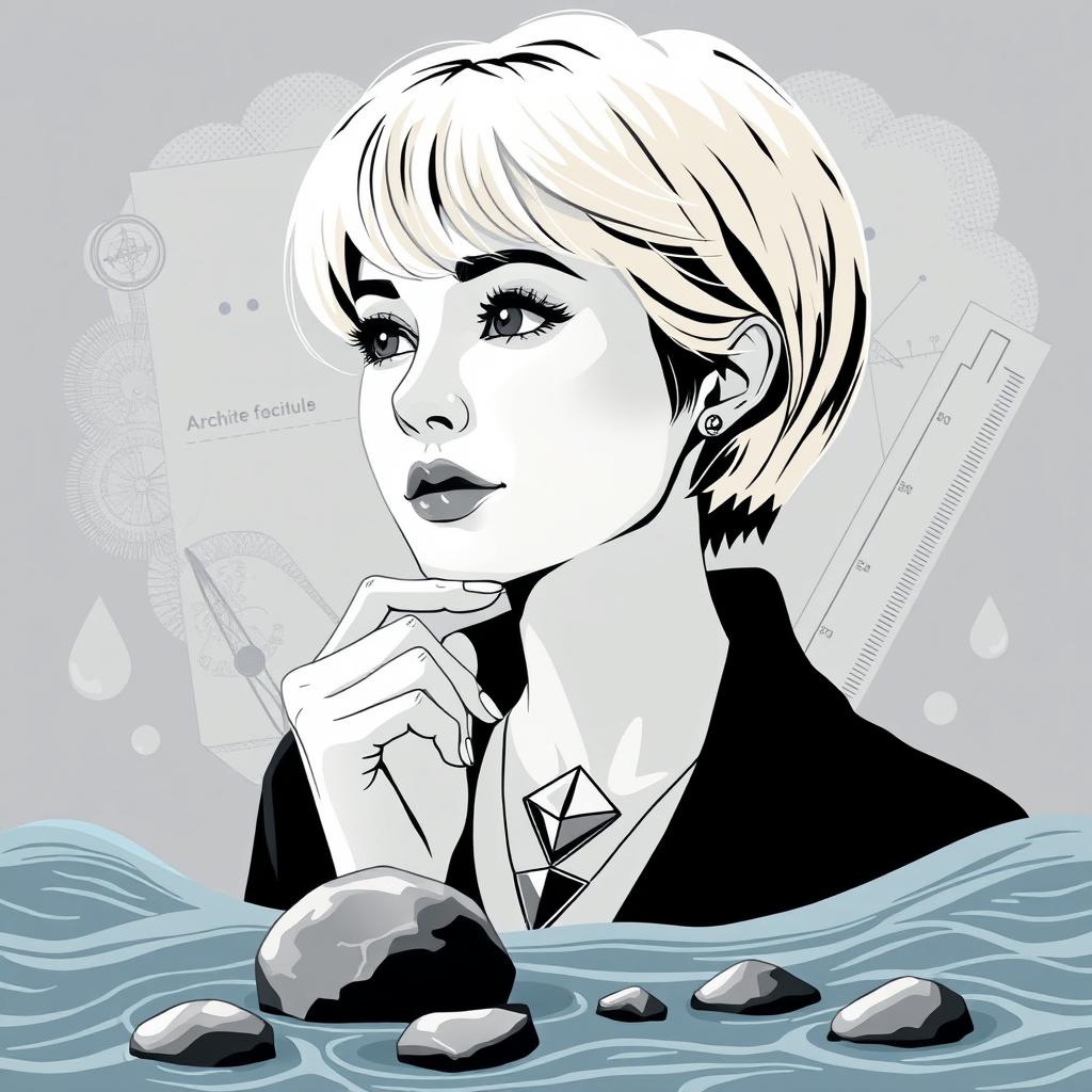 An illustrated abstract poster featuring a thoughtful female architect with short blonde hair