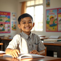 An engaging portrait of an Indonesian student (siswa Indonesia) in a school setting, wearing a traditional batik shirt and school uniform