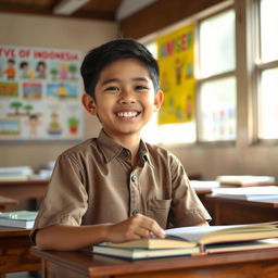 An engaging portrait of an Indonesian student (siswa Indonesia) in a school setting, wearing a traditional batik shirt and school uniform