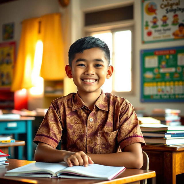 An engaging portrait of an Indonesian student (siswa Indonesia) in a school setting, wearing a traditional batik shirt and school uniform