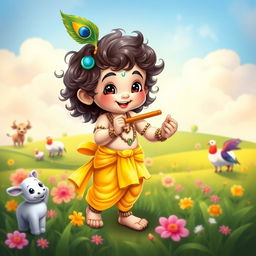 A cute depiction of Little Krishna, showcasing him with a playful smile, adorned with a peacock feather in his curly hair, wearing a vibrant yellow dhoti and a small flute in his hand