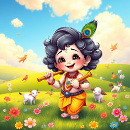 A cute depiction of Little Krishna, showcasing him with a playful smile, adorned with a peacock feather in his curly hair, wearing a vibrant yellow dhoti and a small flute in his hand