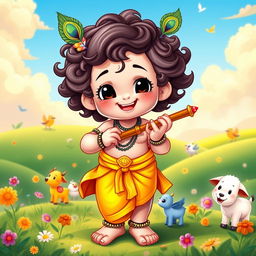A cute depiction of Little Krishna, showcasing him with a playful smile, adorned with a peacock feather in his curly hair, wearing a vibrant yellow dhoti and a small flute in his hand