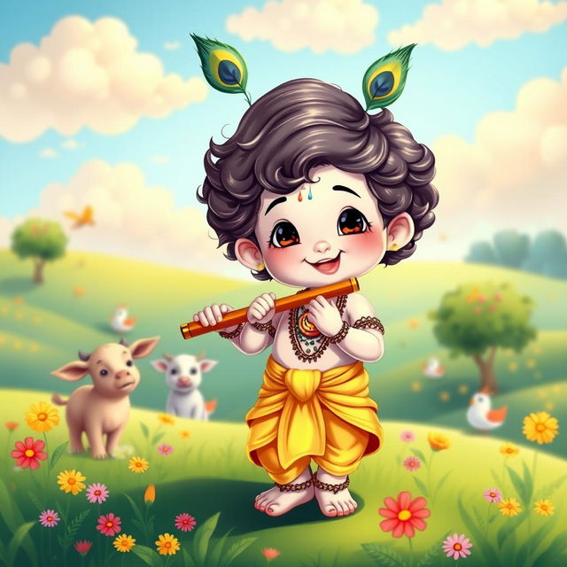 A cute depiction of Little Krishna, showcasing him with a playful smile, adorned with a peacock feather in his curly hair, wearing a vibrant yellow dhoti and a small flute in his hand