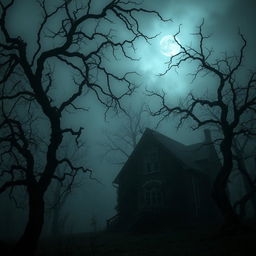 A dark and eerie landscape shrouded in fog, featuring twisted, gnarled trees with whispering shadows