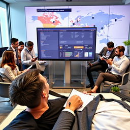 A dynamic office scene featuring a large computer screen displaying the ELBS software interface, showcasing various network controls across multiple locations