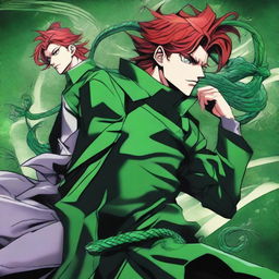 A high-quality digital art illustration of Kakyoin from JoJo's Bizarre Adventure, accompanied by his Stand, Hierophant Green