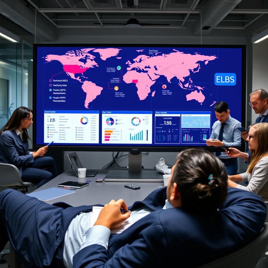 A dynamic office scene featuring a large computer screen displaying the ELBS software interface, showcasing various network controls across multiple locations