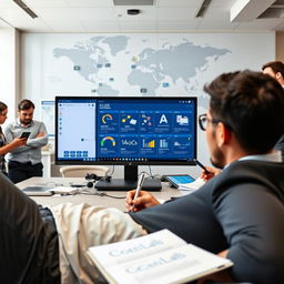 A dynamic office scene featuring a large computer screen displaying the ELBS software interface, showcasing various network controls across multiple locations