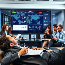 A dynamic office scene featuring a large computer screen displaying the ELBS software interface, showcasing various network controls across multiple locations