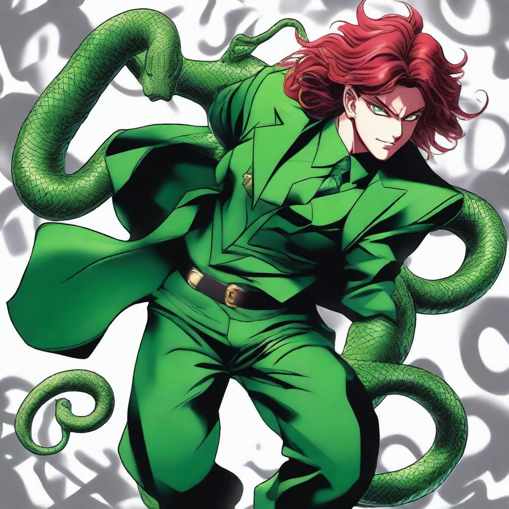 A high-quality digital art illustration of Kakyoin from JoJo's Bizarre Adventure, accompanied by his Stand, Hierophant Green