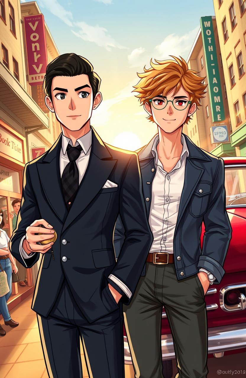 A captivating and charming illustration of the Worthimore Brothers, featuring two dapper men with contrasting styles