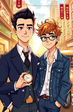 A captivating and charming illustration of the Worthimore Brothers, featuring two dapper men with contrasting styles