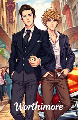 A captivating and charming illustration of the Worthimore Brothers, featuring two dapper men with contrasting styles