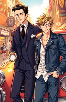 A captivating and charming illustration of the Worthimore Brothers, featuring two dapper men with contrasting styles