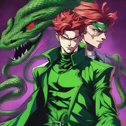 A high-quality digital art illustration of Kakyoin from JoJo's Bizarre Adventure, accompanied by his Stand, Hierophant Green