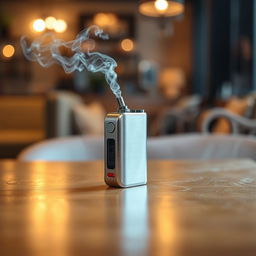 A close-up image of a sleek, modern electronic cigarette device on a wooden table