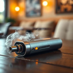 A close-up image of a sleek, modern electronic cigarette device on a wooden table