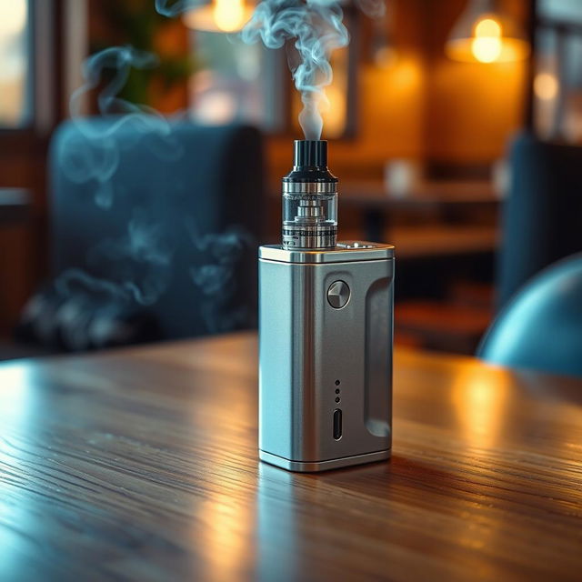 A close-up image of a sleek, modern electronic cigarette device on a wooden table