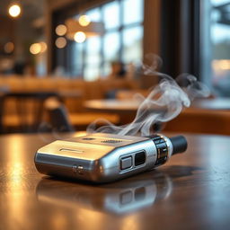 A close-up image of a sleek, modern electronic cigarette device on a wooden table