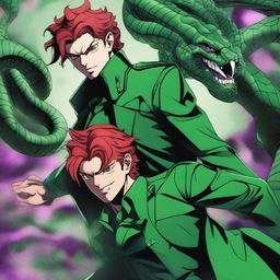 A high-quality digital art illustration of Kakyoin from JoJo's Bizarre Adventure, accompanied by his Stand, Hierophant Green