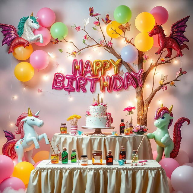 A whimsical birthday decoration scene inspired by fantasy themes, featuring vibrant balloons in the shape of mythical creatures such as unicorns and dragons