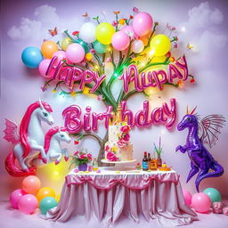 A whimsical birthday decoration scene inspired by fantasy themes, featuring vibrant balloons in the shape of mythical creatures such as unicorns and dragons