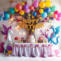 A whimsical birthday decoration scene inspired by fantasy themes, featuring vibrant balloons in the shape of mythical creatures such as unicorns and dragons