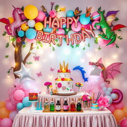 A whimsical birthday decoration scene inspired by fantasy themes, featuring vibrant balloons in the shape of mythical creatures such as unicorns and dragons