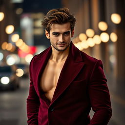 A striking and alluring male model wearing an elegant, stylish coat, exuding confidence and charisma