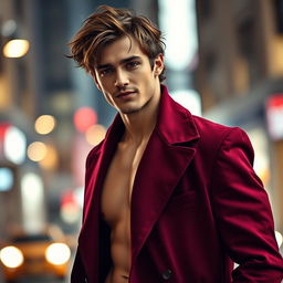 A striking and alluring male model wearing an elegant, stylish coat, exuding confidence and charisma