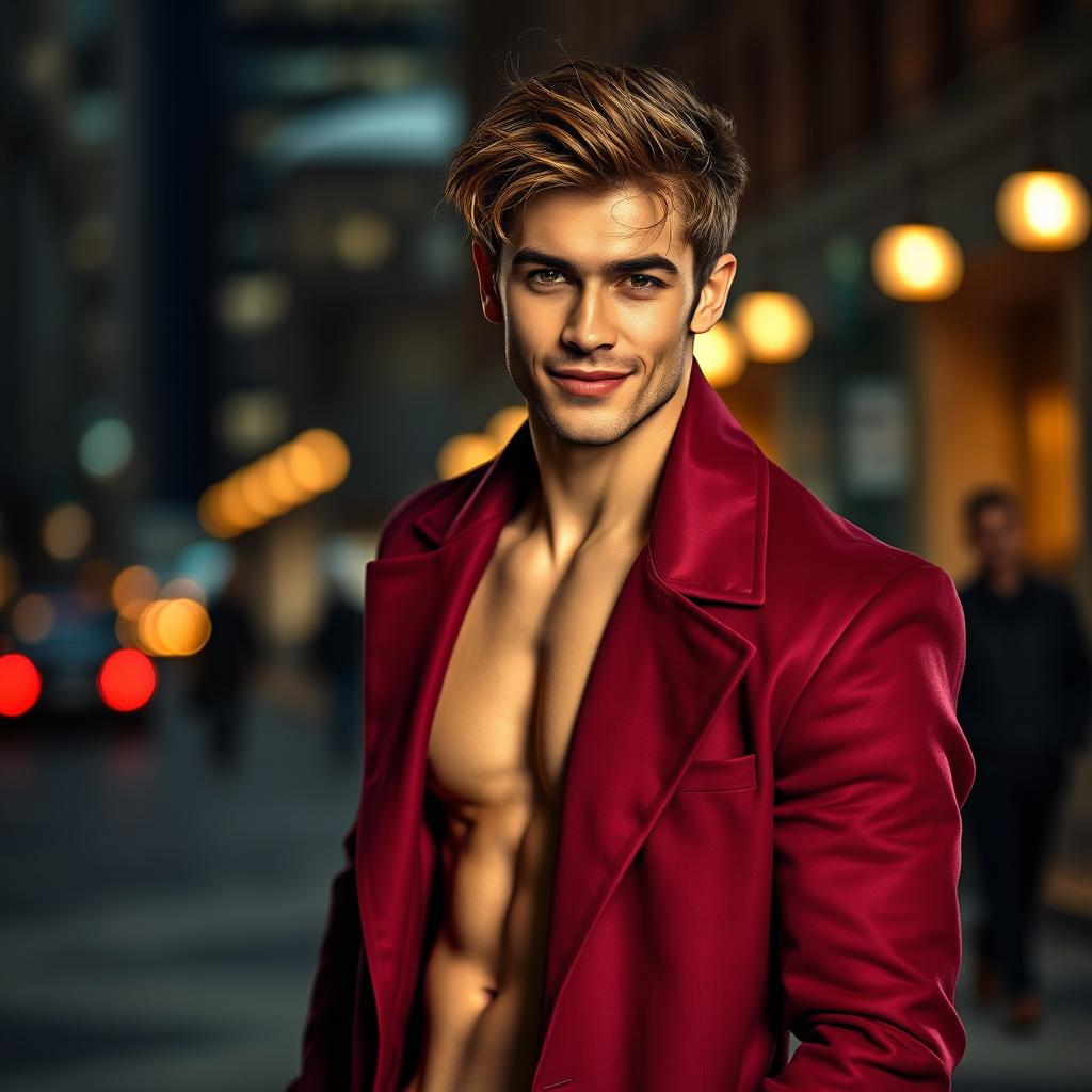 A striking and alluring male model wearing an elegant, stylish coat, exuding confidence and charisma