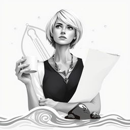 A more realistic abstract poster featuring a thoughtful female architect with short blonde hair, holding a cup of coffee in one hand and sheets of architectural plans in the other