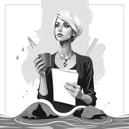 A more realistic abstract poster featuring a thoughtful female architect with short blonde hair, holding a cup of coffee in one hand and sheets of architectural plans in the other