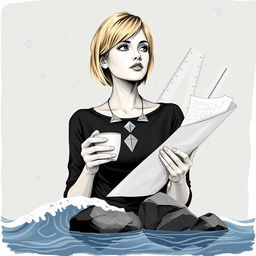 A more realistic abstract poster featuring a thoughtful female architect with short blonde hair, holding a cup of coffee in one hand and sheets of architectural plans in the other