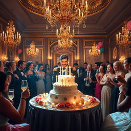 A glamorous birthday bash for a prince, set in an opulent ballroom adorned with golden chandeliers and lavish decorations