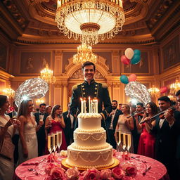 A glamorous birthday bash for a prince, set in an opulent ballroom adorned with golden chandeliers and lavish decorations